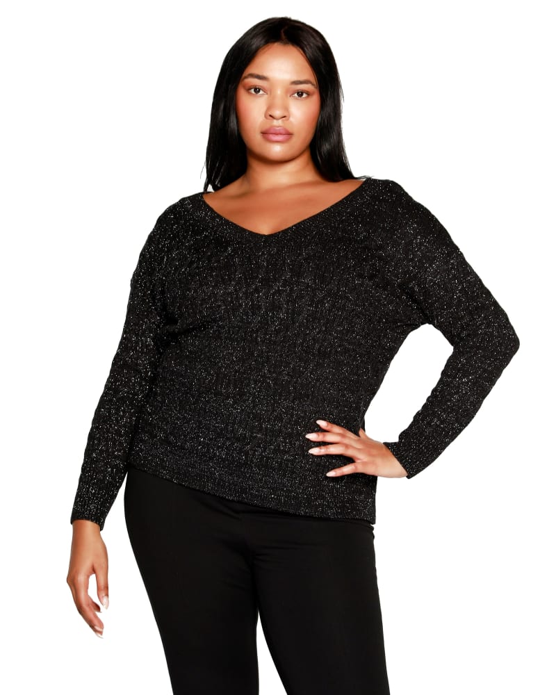 Front of a model wearing a size 1X Plus Size Lurex Cable Double V-neck Sweater in Black/Pewter by Belldini. | dia_product_style_image_id:319487